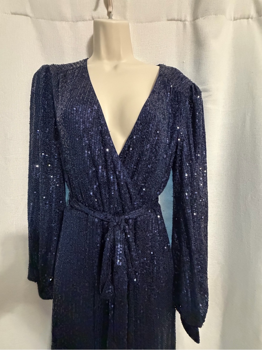 Navy Sequin Wrap Pantsuit with Belt